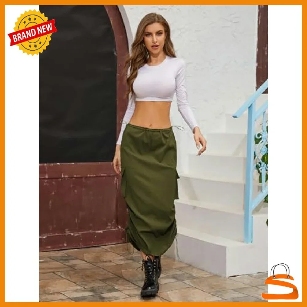 Y2K Cargo Maxi Skirt with Drawstring Waist and Side Pockets - Picture 6 of 7